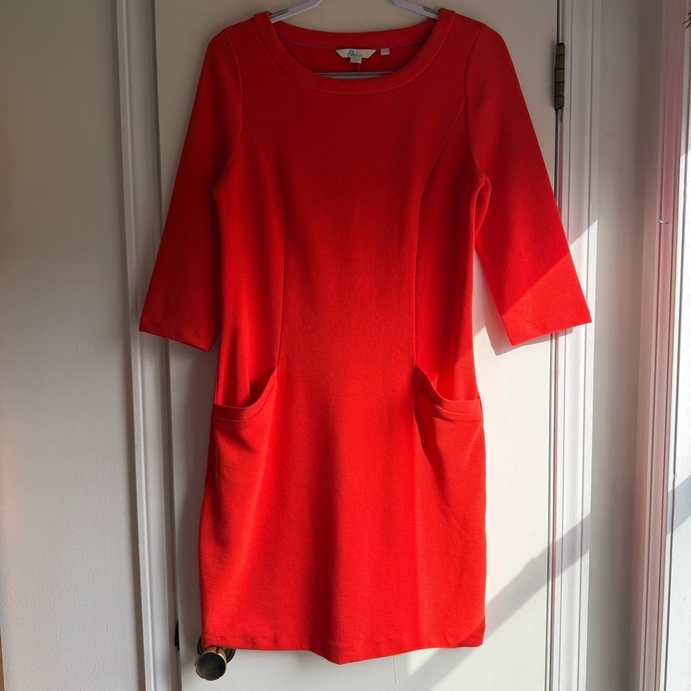 Boden Orange Textured Knit 3/4 Sleeve Knee Length Dress Pockets US 8 UK 12